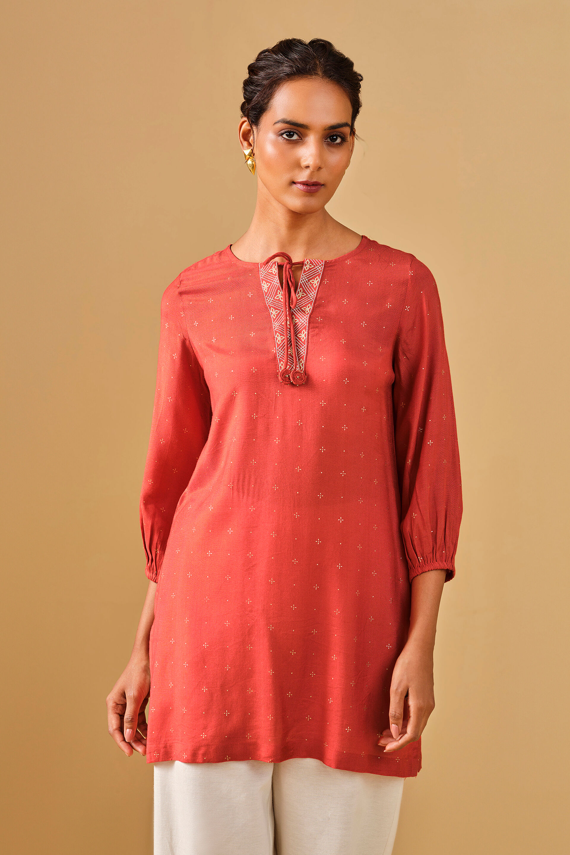 Embroidered Viscose Rust Tunic, Rust, image 2